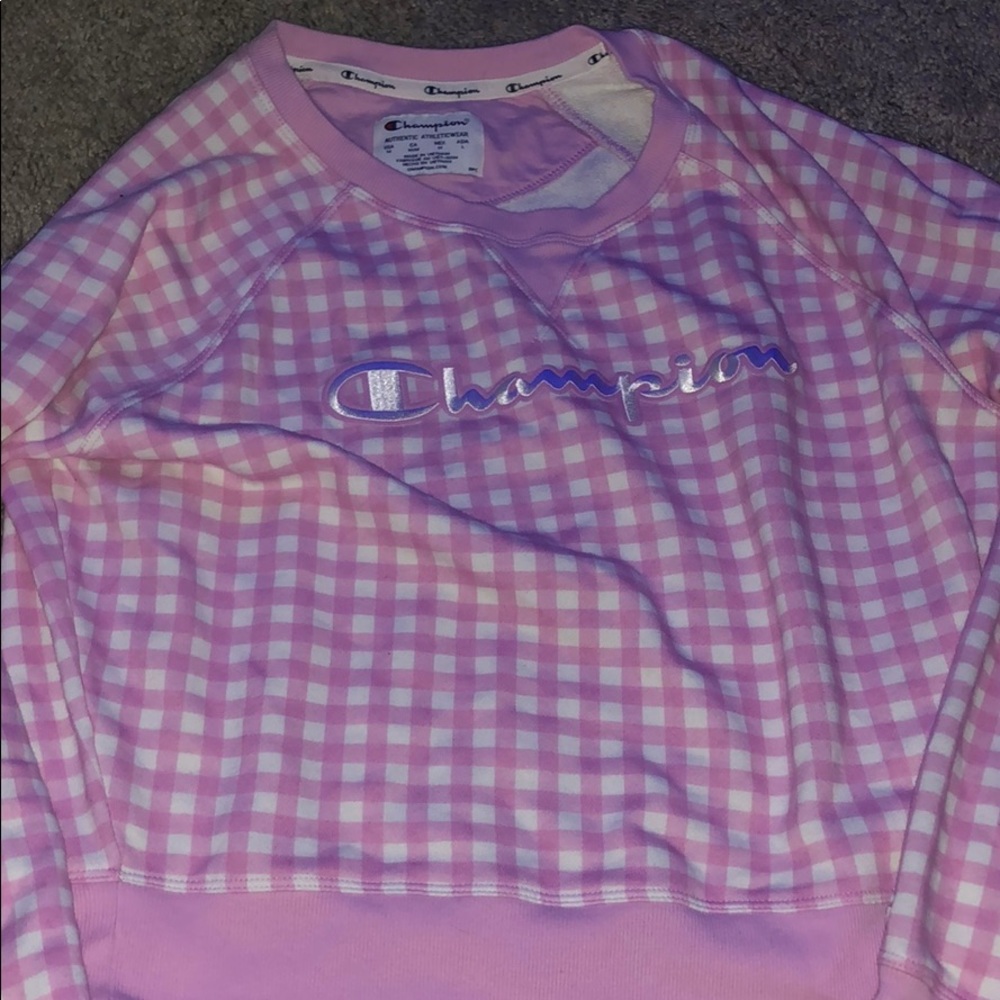 pink plaid champion crew neck